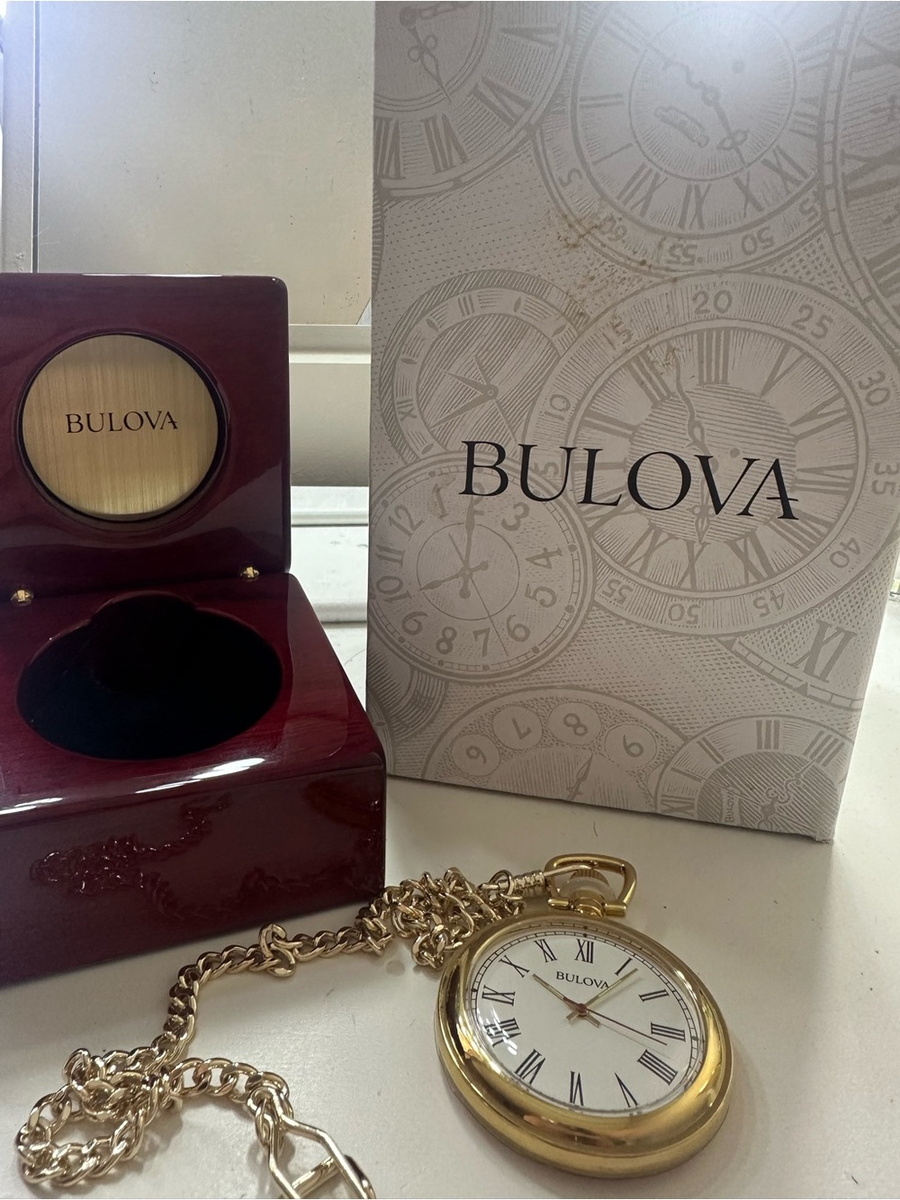 Bulova Gold Pocket Watch with White Dial and Chain